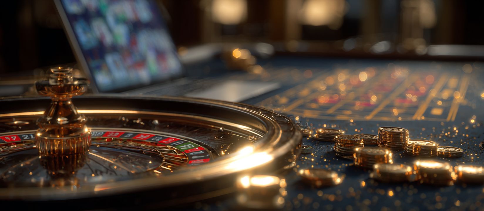 Golden roulette wheel and stacks of coins shining on a Ywkk casino table for online gaming enthusiasts.