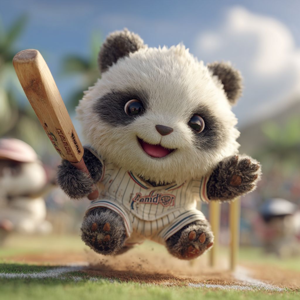 Ywkk Bet – Feel the thrill of sports betting with our playful panda Cheerful Ywkk panda in a baseball outfit swinging a bat, symbolizing the excitement of sports betting.
