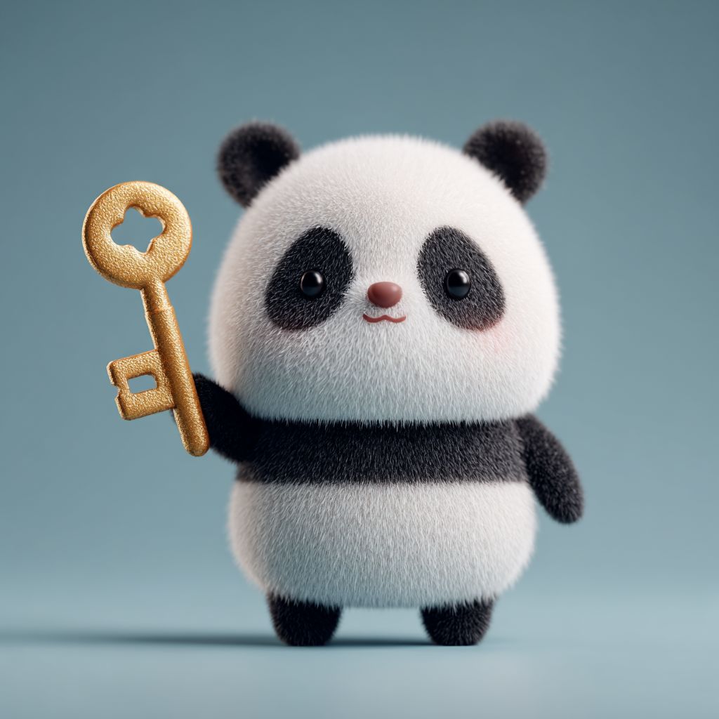 Adorable Ywkk panda holding a golden key, representing secure and easy access to your gaming account.