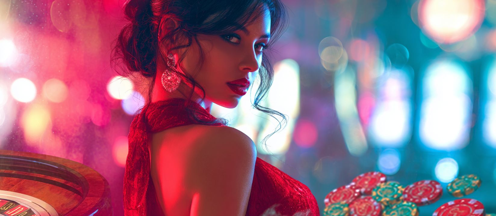 Ywkk Casino – Your exclusive online gaming destination in Bangladesh Elegant woman in a red dress surrounded by roulette and colorful chips, reflecting the luxury of Ywkk casino.
