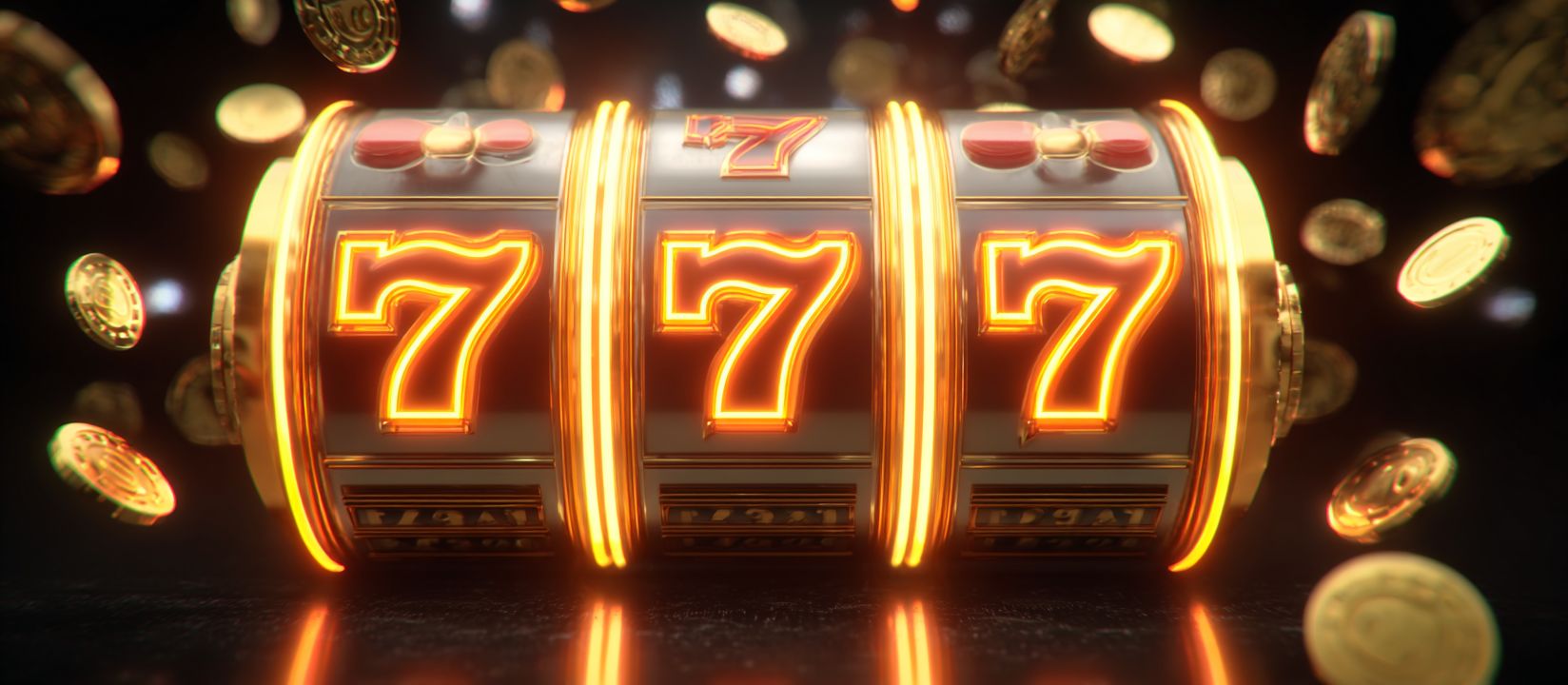 Golden slot machine reels showing triple sevens, symbolizing huge jackpots at Ywkk slots.